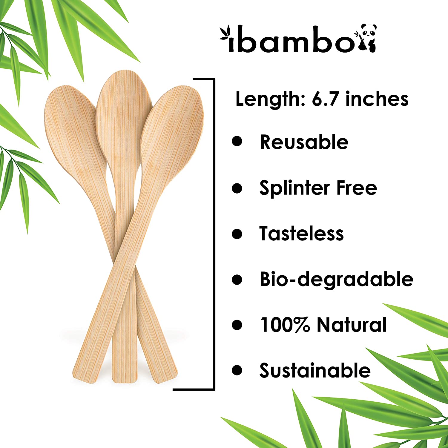 IBAMBO Natural Bamboo Disposable Cutlery Set 100 Pack Biodegradable Reusable 